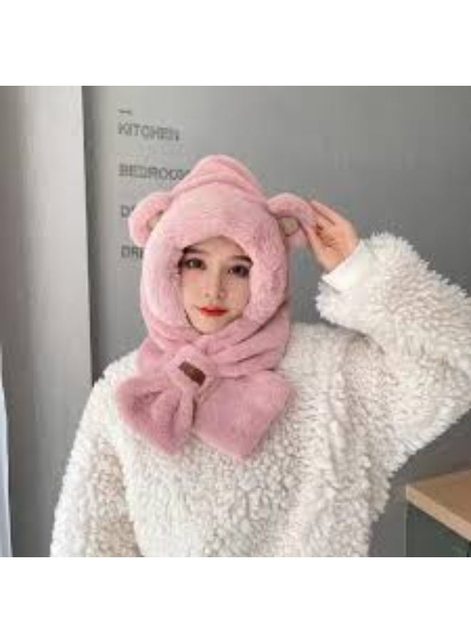 كاب فرو ناعم مع كوفيه مدمج 🐻🤍 أذنين لطيفتين ودفء مثالي للشتاء ❄️🧣 ستايل أنيق ومريح لكل المناسبات! - Image 2